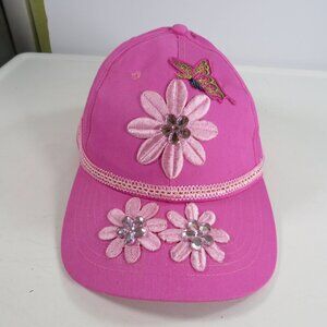 Pink with Embroidered Pink Flowers & Rhinestones with Butterfly Cotton Hat Cap